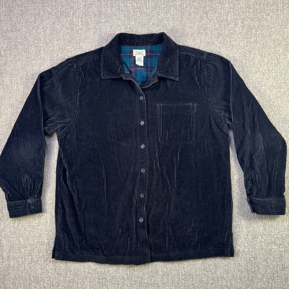 LL Bean Corduroy Shirt Jacket Mens Medium Regular Lined Navy Button Front